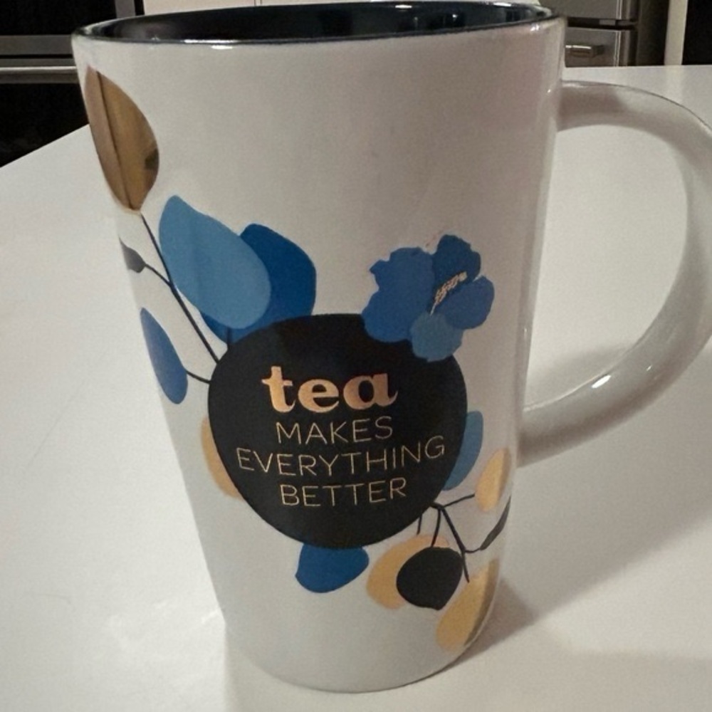 Davids Tea White and Navy Blue Coffee Cup Tea Makes Everything Better